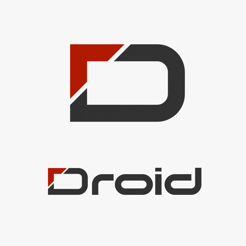 Logomarca Droid, com fundo branco e escrita preta com detalhe vermelho, acima um D maiúsculo.