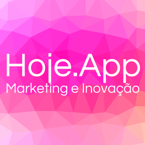 Logomarca Hoje.App, com fundo rosa e escrito branco, escrito também Marketing e Inovação.