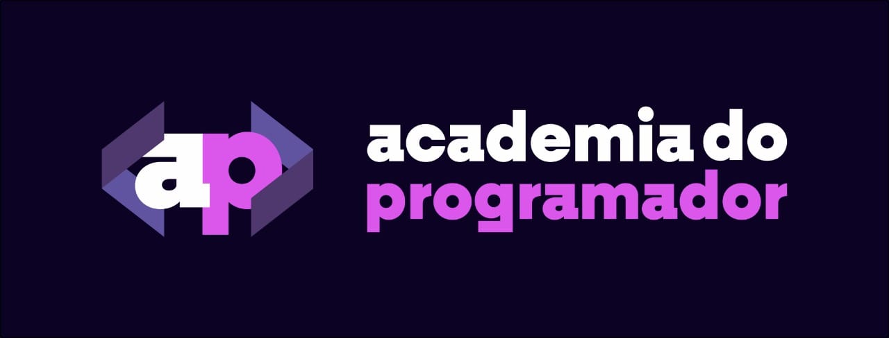 Logomarca academia do programador, com fundo preto com escrita branco e roxo.
