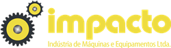 Logomarca Impacto, com fundo branco e escrita amarela, com duas roldanas.