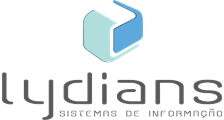 Logomarca Lydians Sistemas de informação LTDA, com fundo branco e escrita cinza, além do cuba acima da escrita.