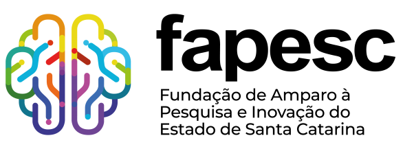 Logo Fapesc com figura de cérebro colorida.