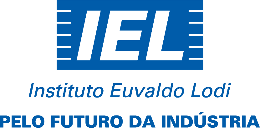 Logomarca IEL com fundo azul e escrita branca.