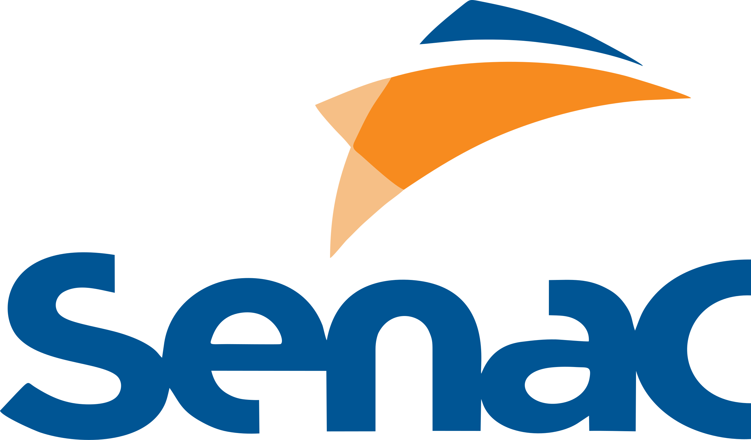 Logomarca Senac com escrito azul e símbolo azul com laranja.