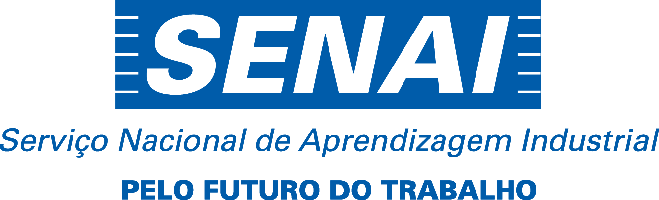 Logomarca SENAI com fundo azul e escrita branca.